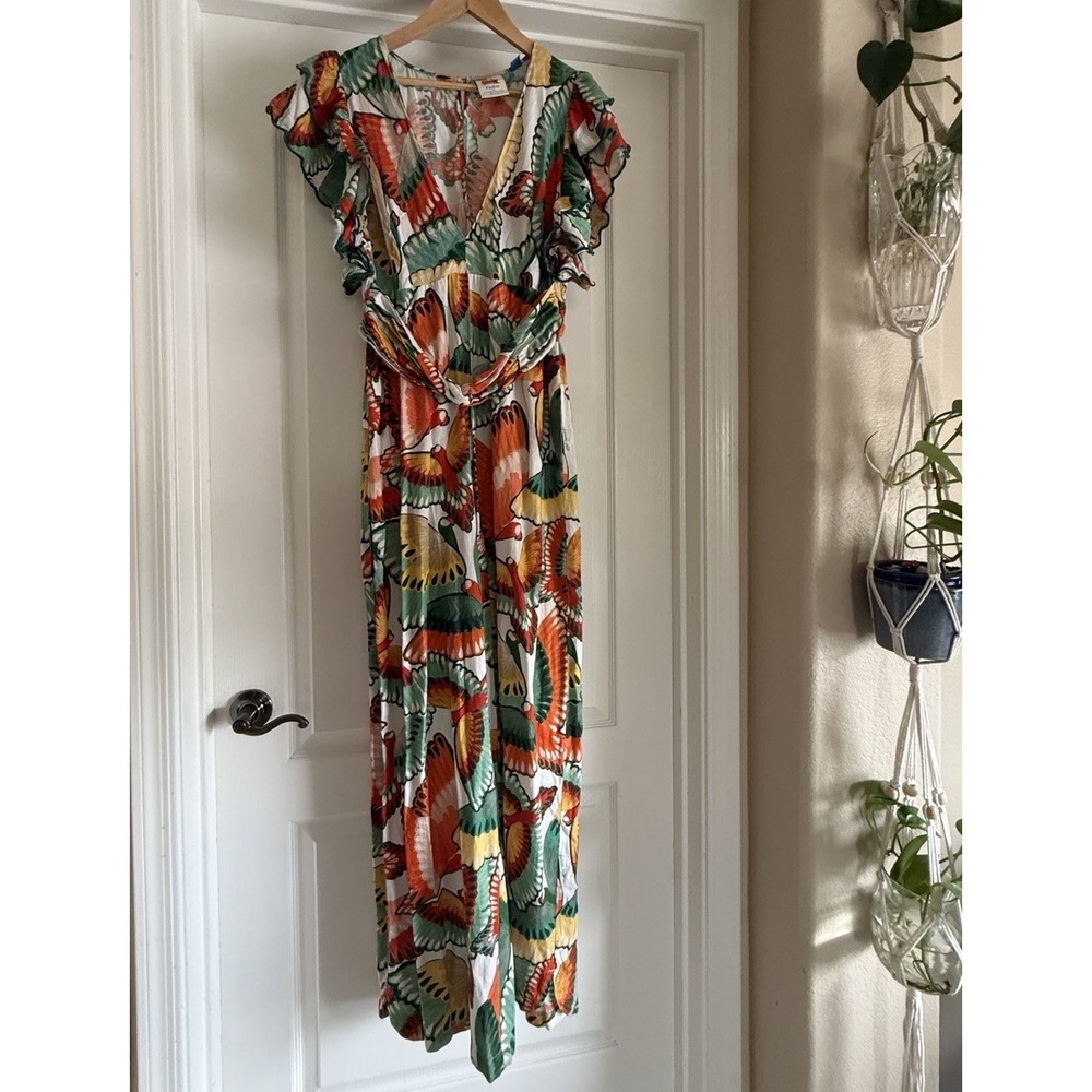 Farm Rio New Anthropologie Ruffle-Sleeve Linen Jumpsuit Size L - Picture 9 of 16